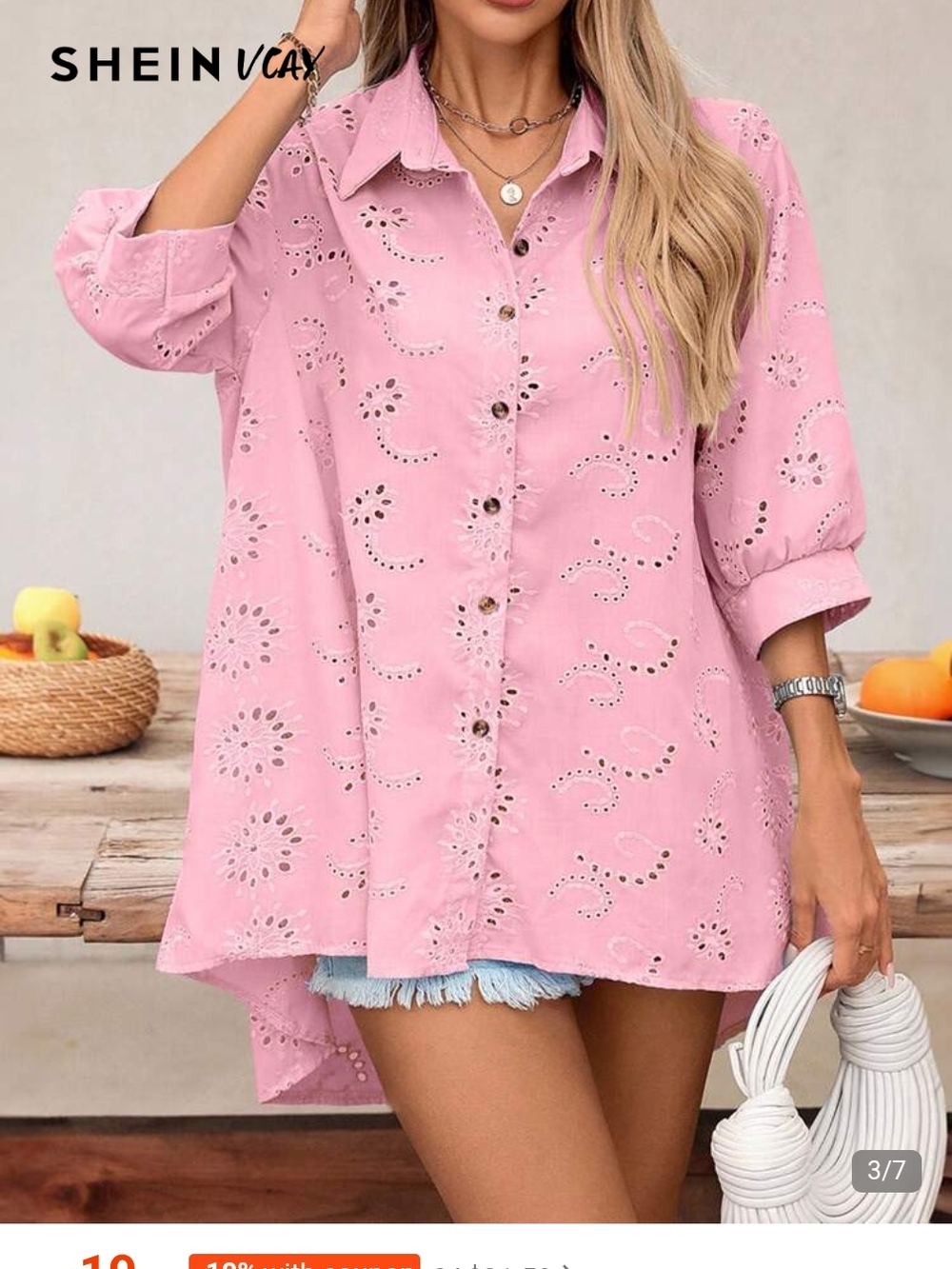 SHEIN Pink Eyelet Button-Down Tunic Blouse
